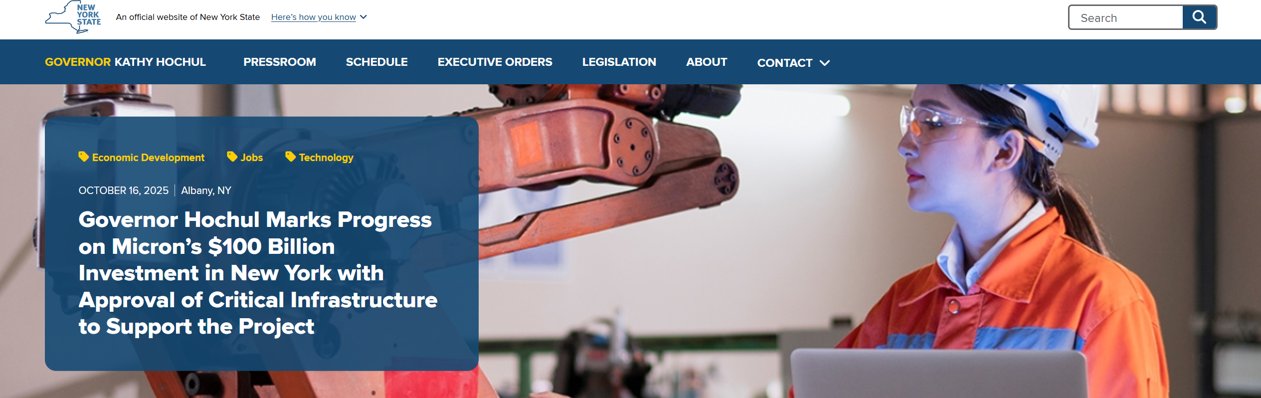 美国纽约州长办公室公布新闻稿